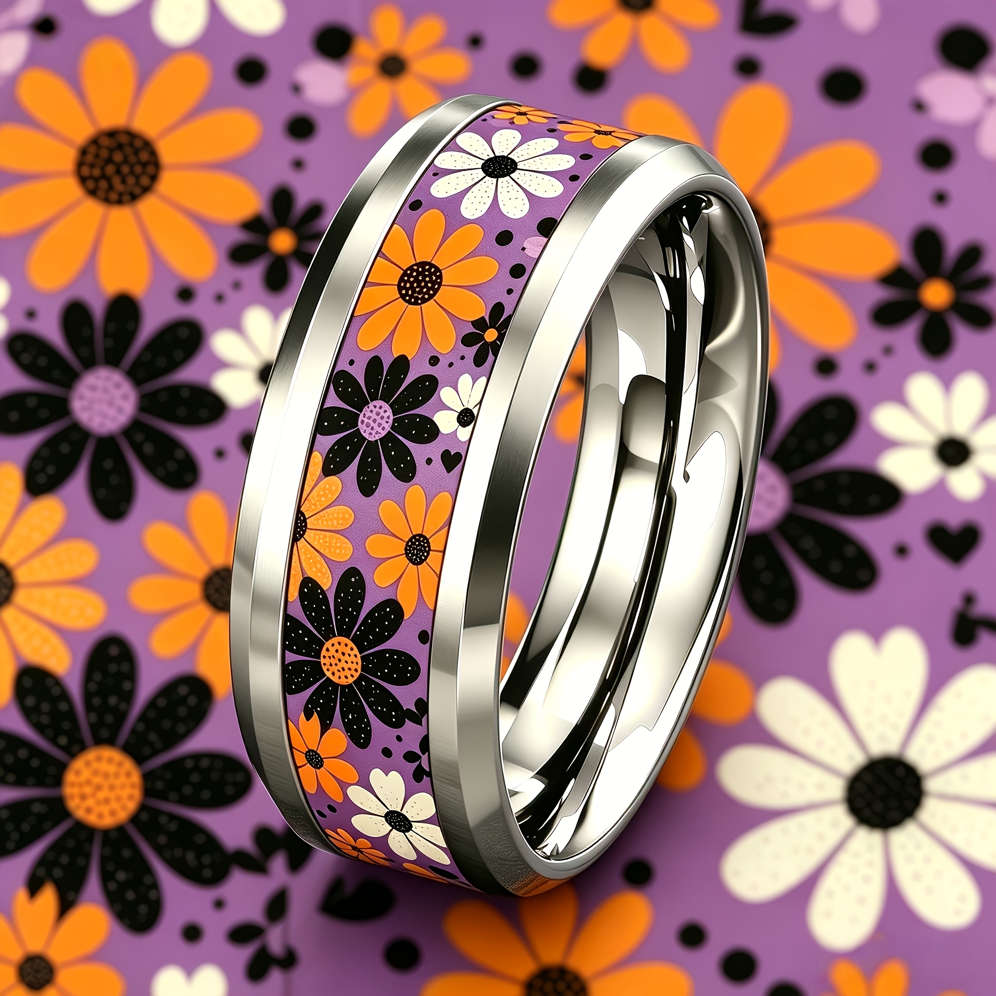 Purple Base Contrast Daisy Print Stainless Steel Ring